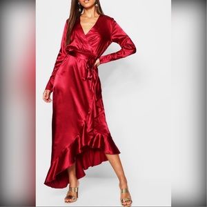 Satin Ruffle Wrap Maxi Dress